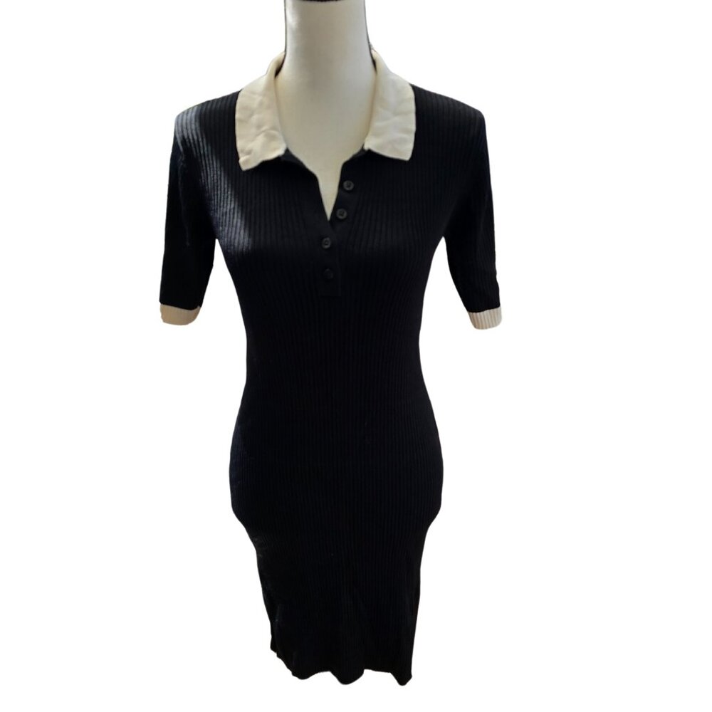 Two-Tone Rib-Knit Polo Sweater Dress
